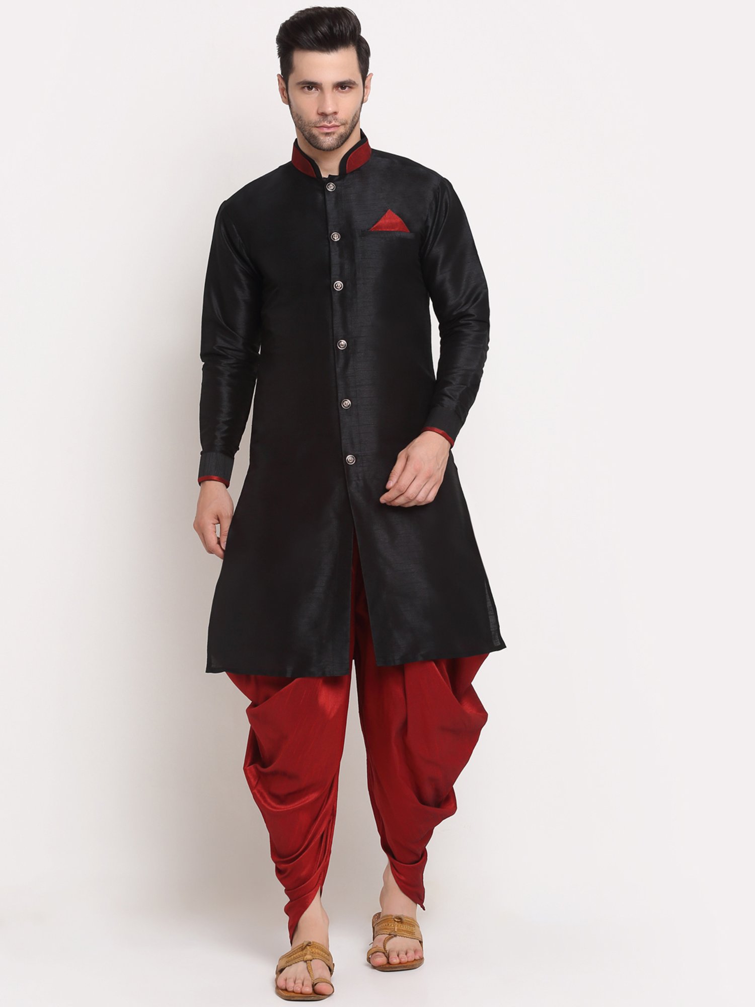 Benstoke Black & Maroon Regular Fit Sherwani Set