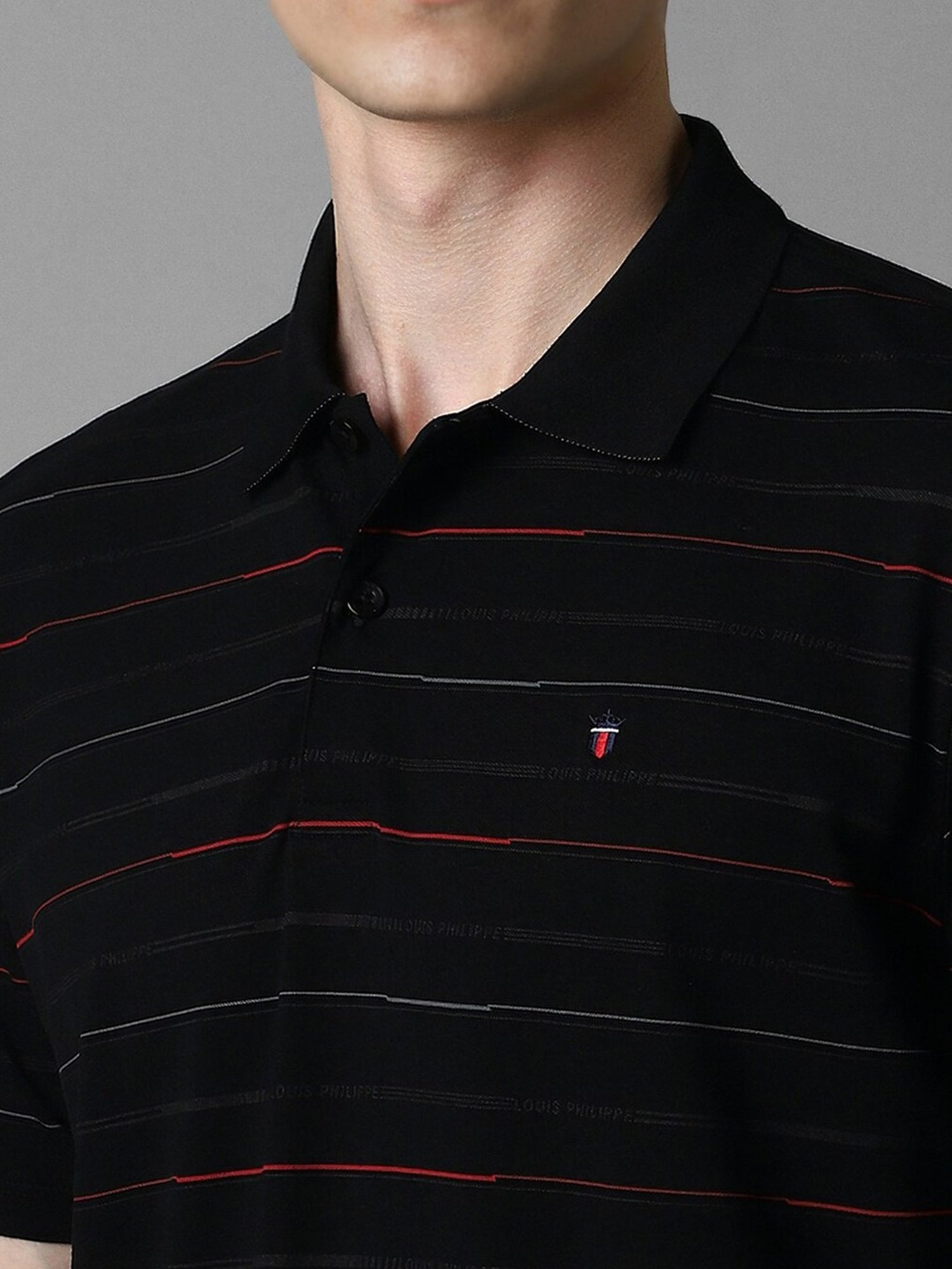 Louis Philippe Black Cotton Slim Fit Striped Polo T-Shirt