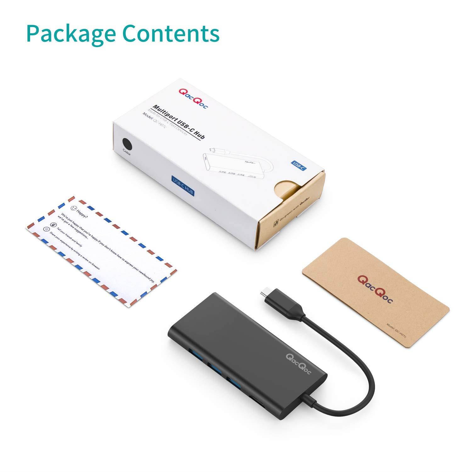 USB C Hub QacQoc 7-in-1 Type C Hub with PD Power Delivery, 4K USB C to HDMI, SD Card Reader, 3 USB 3.0 Ports for MacBook Pro and Type C Windows Laptops(Black)