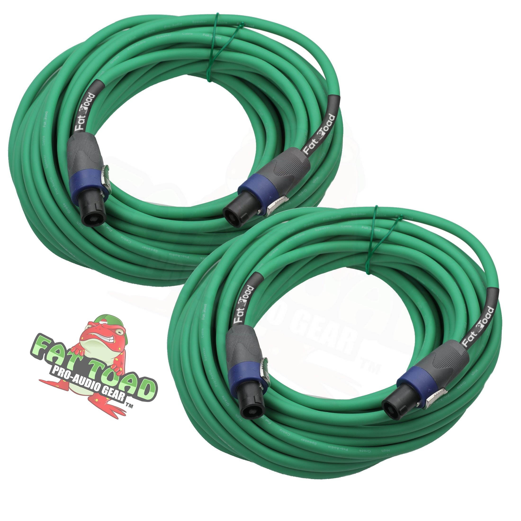 Speakon to Speakon Cables (2 Pack) by FAT TOAD | 50ft Professional Pro Audio Green Speaker PA Cord with Twist Lock Connector | 12 AWG Wire for Impeccable Studio Recording & DJ Stage Performance Gear