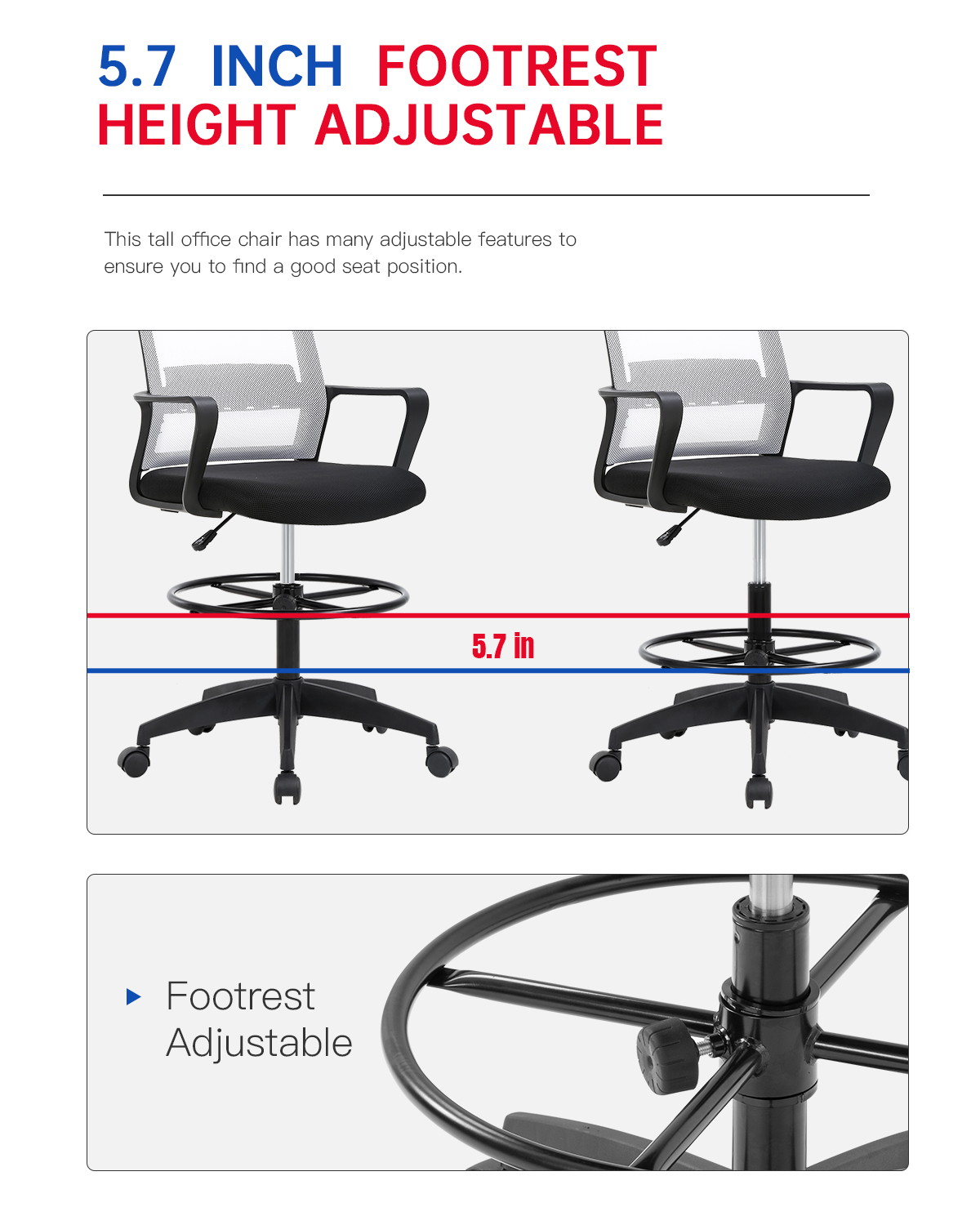 Drafting Chair Tall Office Chair Computer Chair Adjustable Height with Lumbar Support Arms Footrest Task Desk Chair Swivel Rolling Mesh Drafting Stool for Adults Women Girls(White)