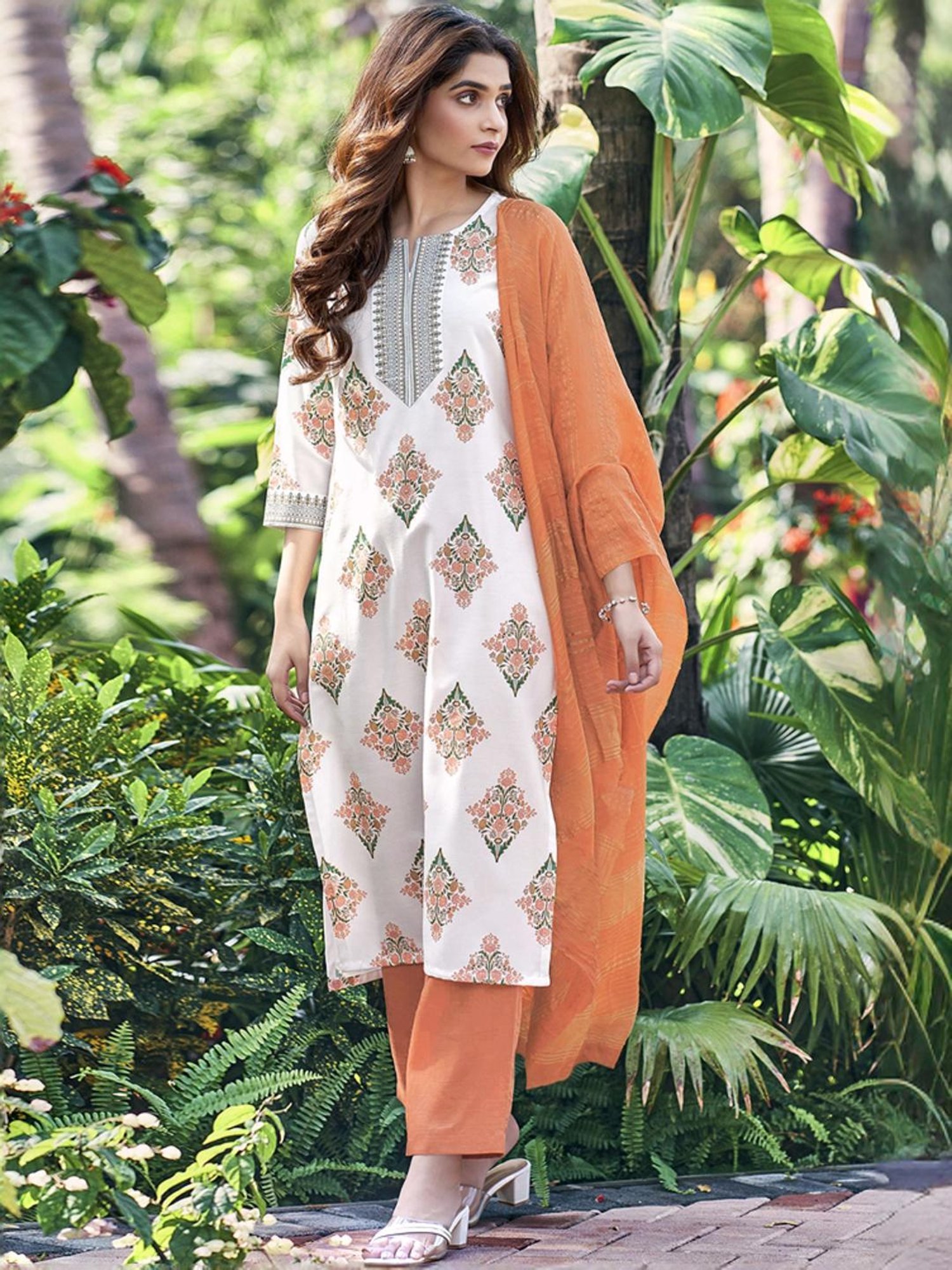 Skylee White & Orange Printed Kurta Pant Set With Dupatta