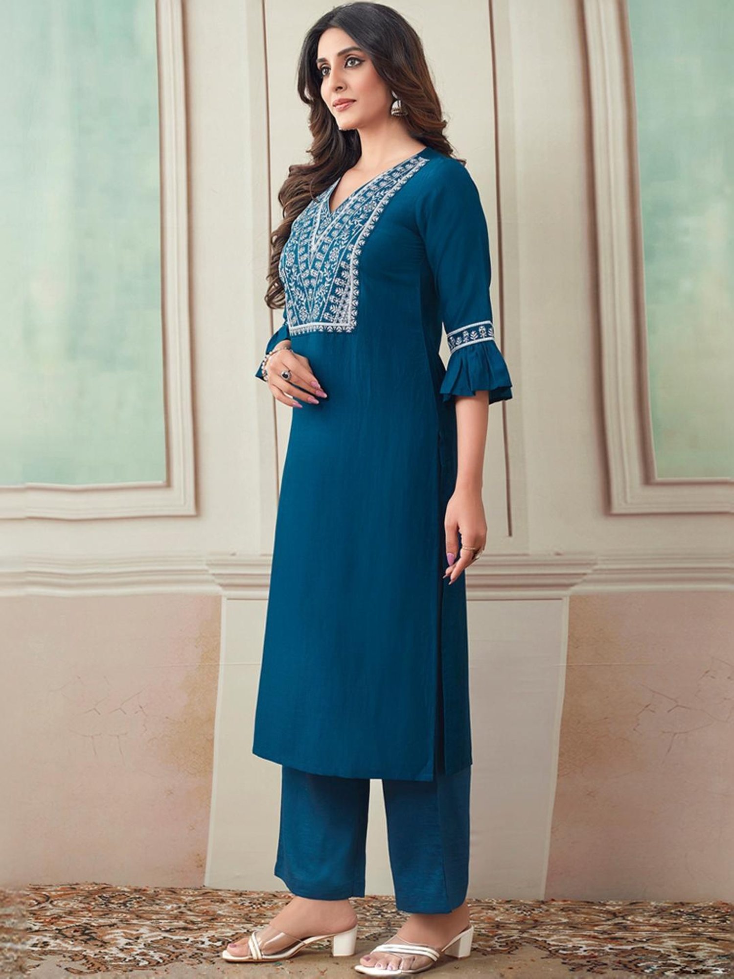 Skylee Blue Embroidered Kurta Pant Set With Dupatta