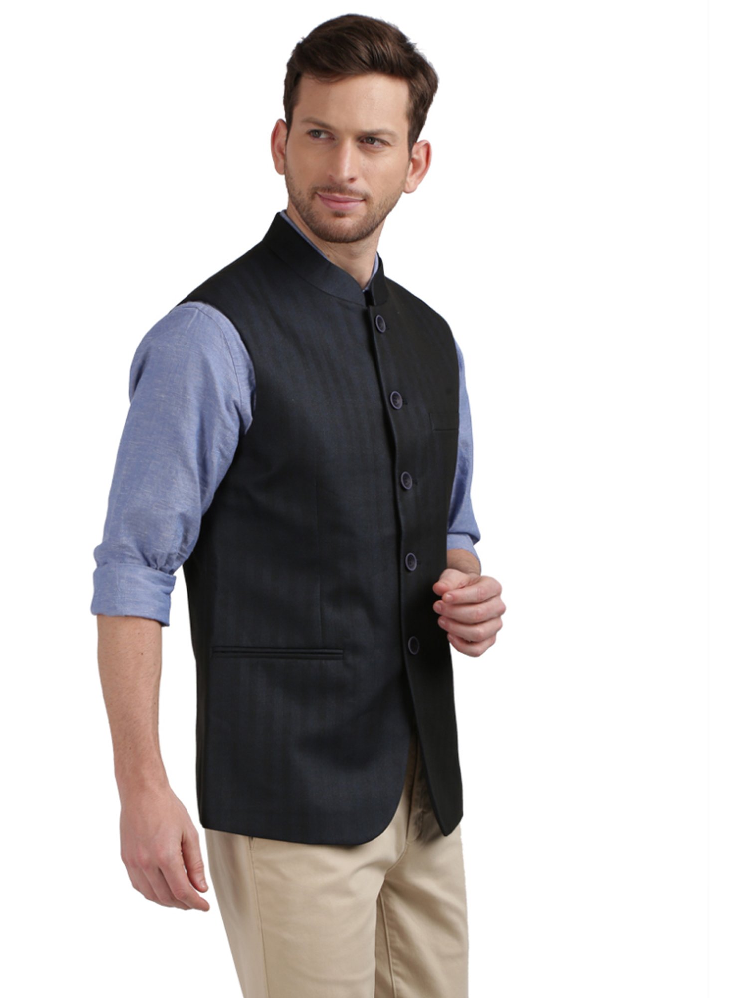 Colorplus Blue Tailored Fit Checks Nehru Jacket