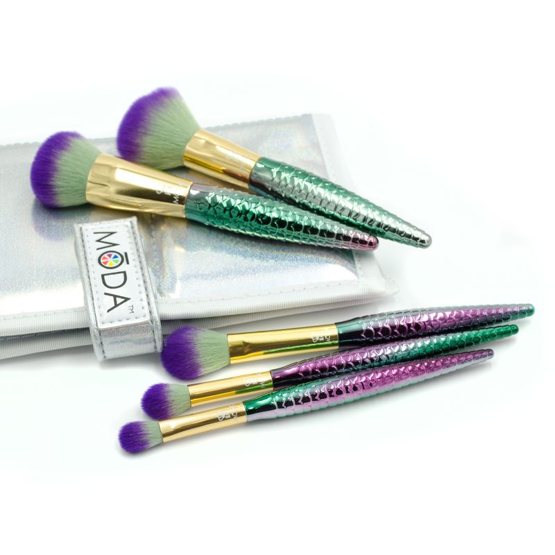 MODA Brush Mythical 6pc Sweet Siren Travel Makeup Brush Set with Holographic Flip Case, Includes - Powder, Highlight and Glow, Crease, and Eye Shader Brushes