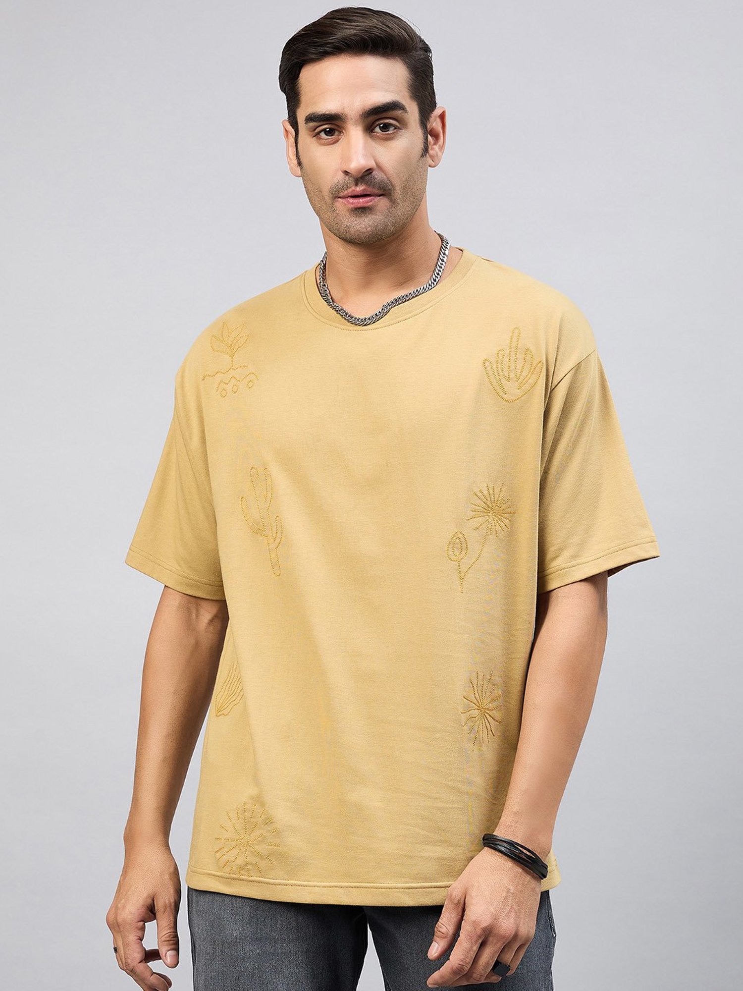 Club York Beige Regular Fit Embroidered Crew T-Shirt