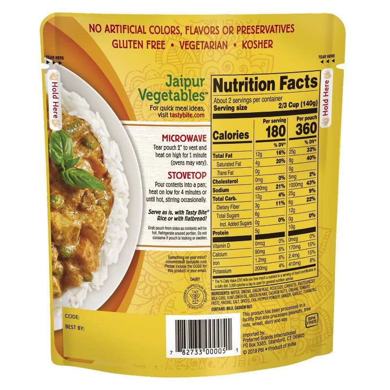Tasty Bite 1 Step Jaipur Vegetables Indian Cuisine 10oz