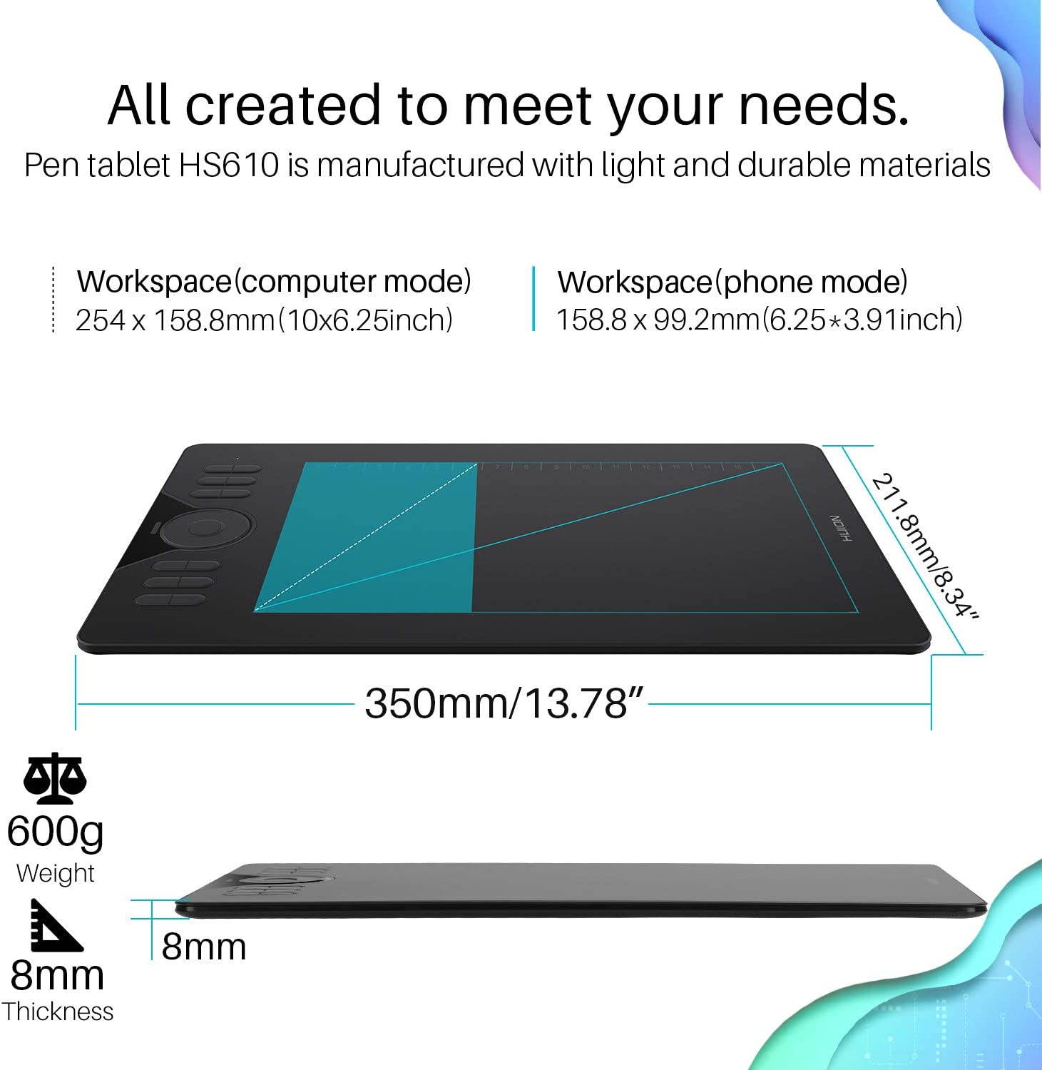 Huion HS610 Graphics Drawing Tablet Android Devices Supported Tilt Function Battery-Free Stylus with 8192 Pen Pressure