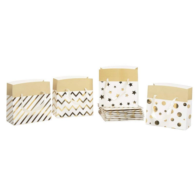 Best Paper Greetings 12-Pack Gold Foil Paper Gift Bags with Handles for Birthday, Wedding, 4 Designs (7 x 4.7 x 3.5 in)