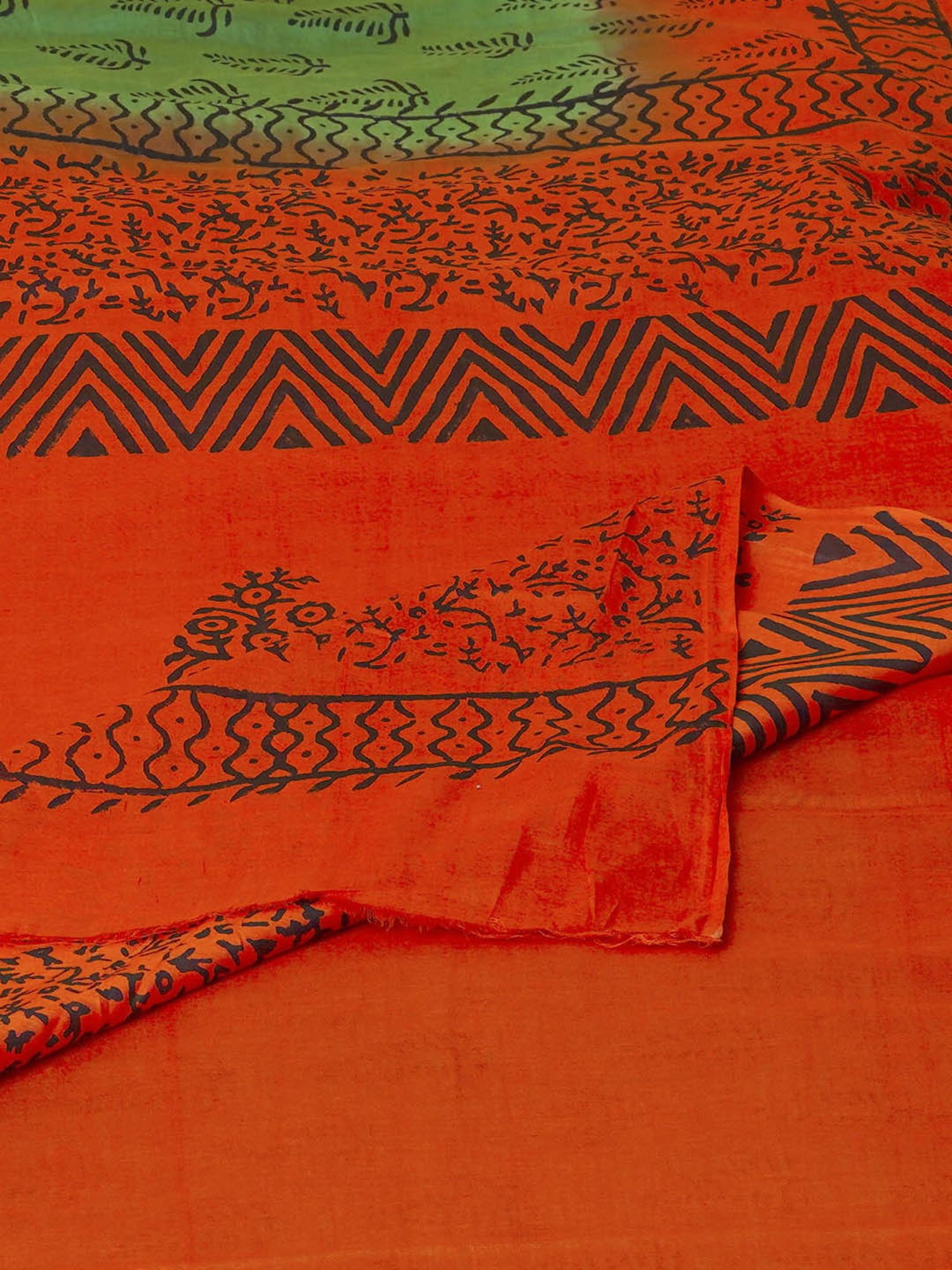 Unnati Silks Green & Orange Cotton Printed Saree With Unstitched Blouse