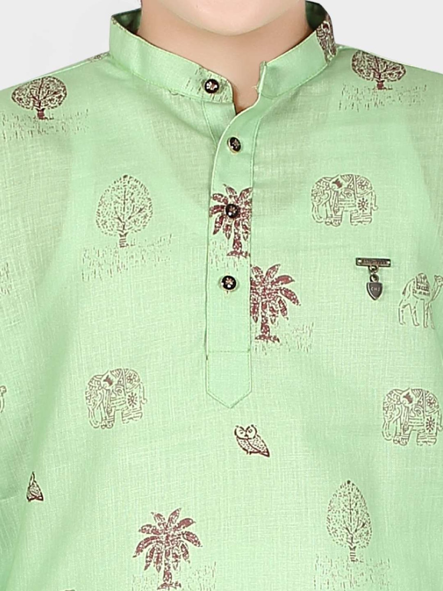 Cavio Kids Green & White Cotton Printed Full Sleeves Kurta Set