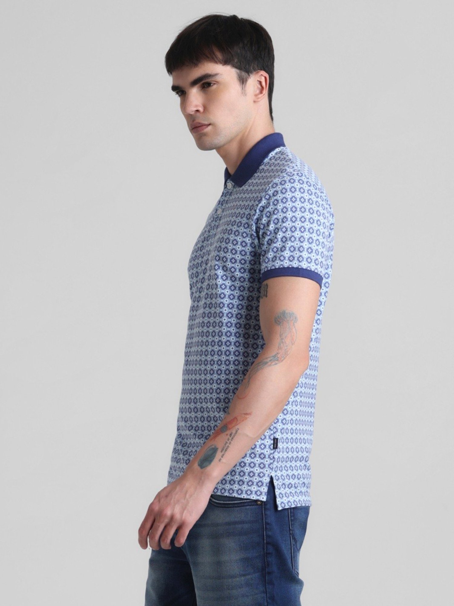 Jack & Jones Cloud Dancer Cotton Slim Fit Printed Polo T-Shirt