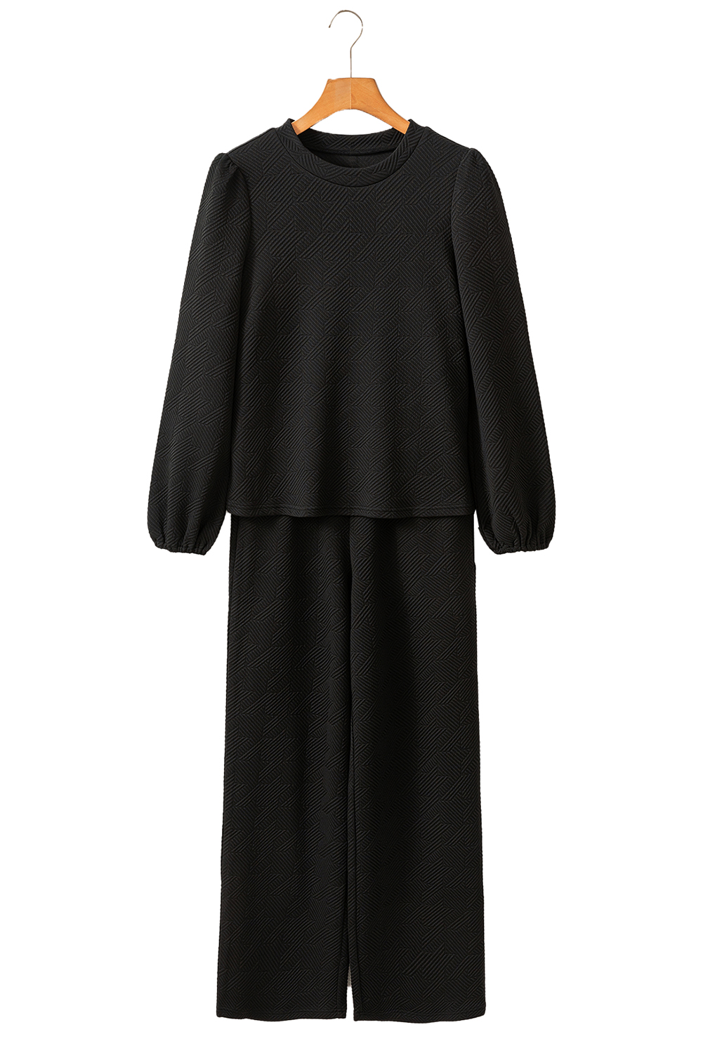 Black Textured Puff Sleeve Top and Pants Set