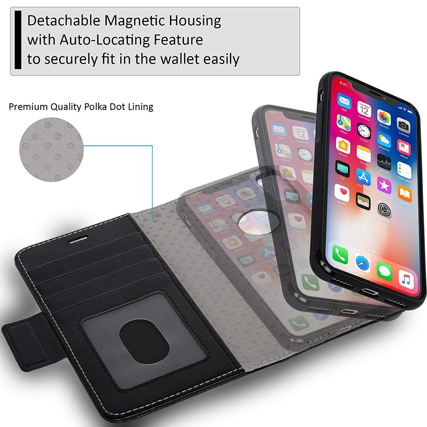 Navor Detachable Magnetic Wallet Case RFID Protection, Logo Hole, Compatible for iPhone Xs/X [Vajio Series]-Black (IPXVJBK)