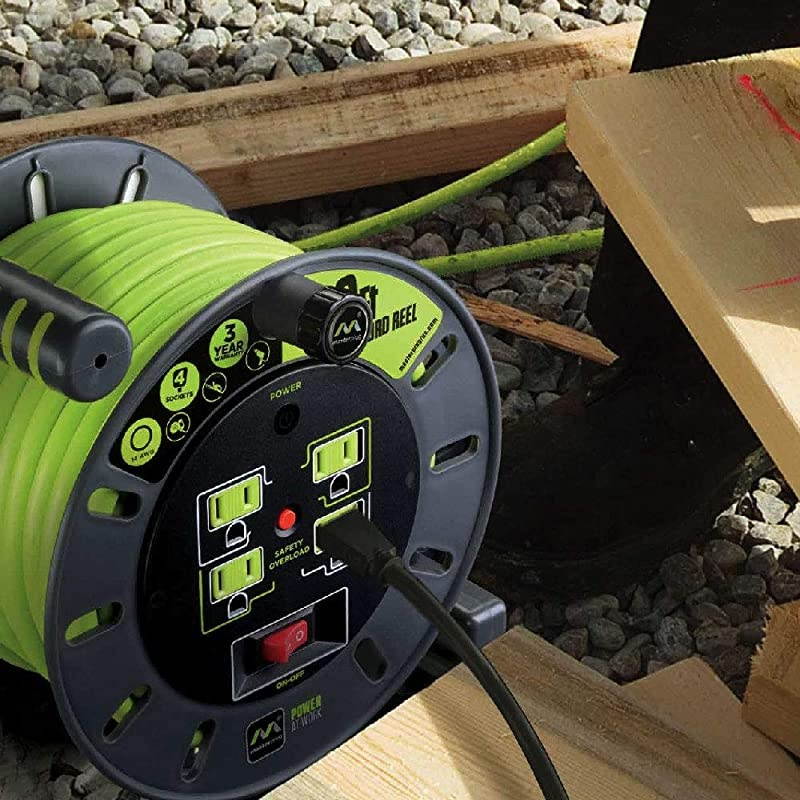 80ft Open Cord Reel with 4 120V 13 amp Integrated Outlets and Thermal Overload Breaker