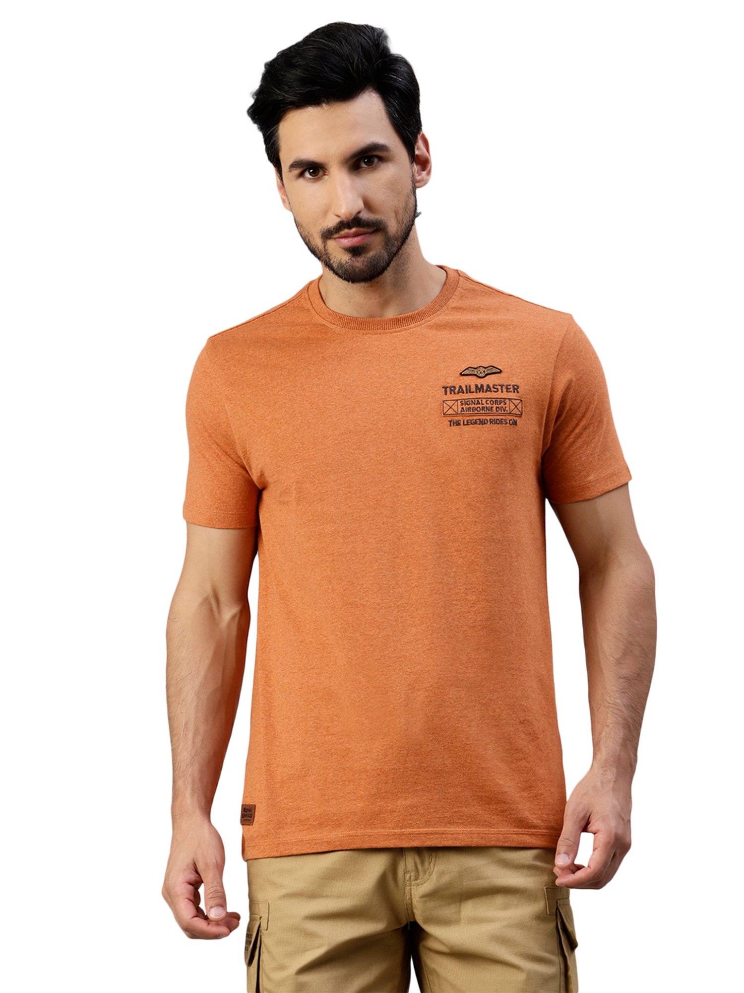 Royal Enfield Trail Master Orange Melange Regular Fit Printed Crew T-Shirt