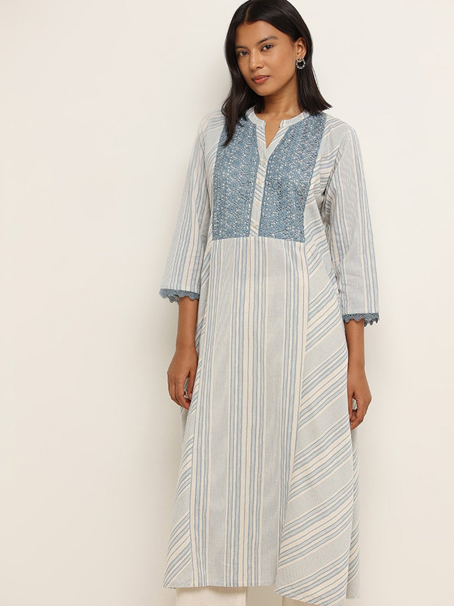 Utsa by Westside Blue Lace Design Blended Linen A-Line Kurta