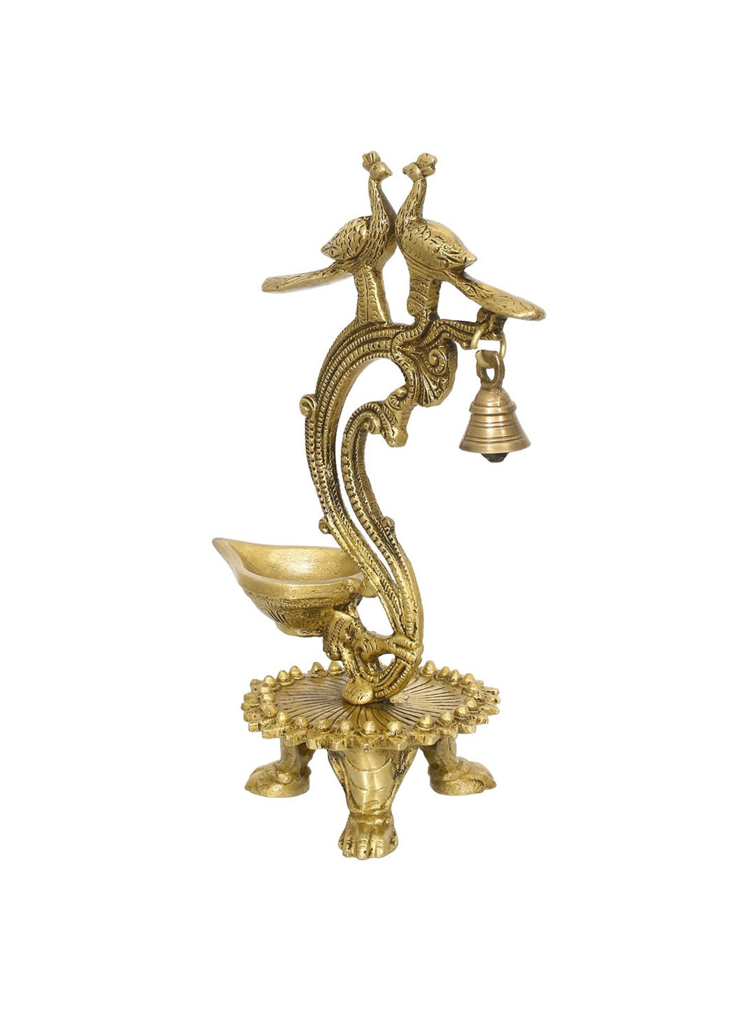 eCraftIndia Antique Finish Decorative Handcrafted Brass Peocock Couple Diya with Bell and Stand