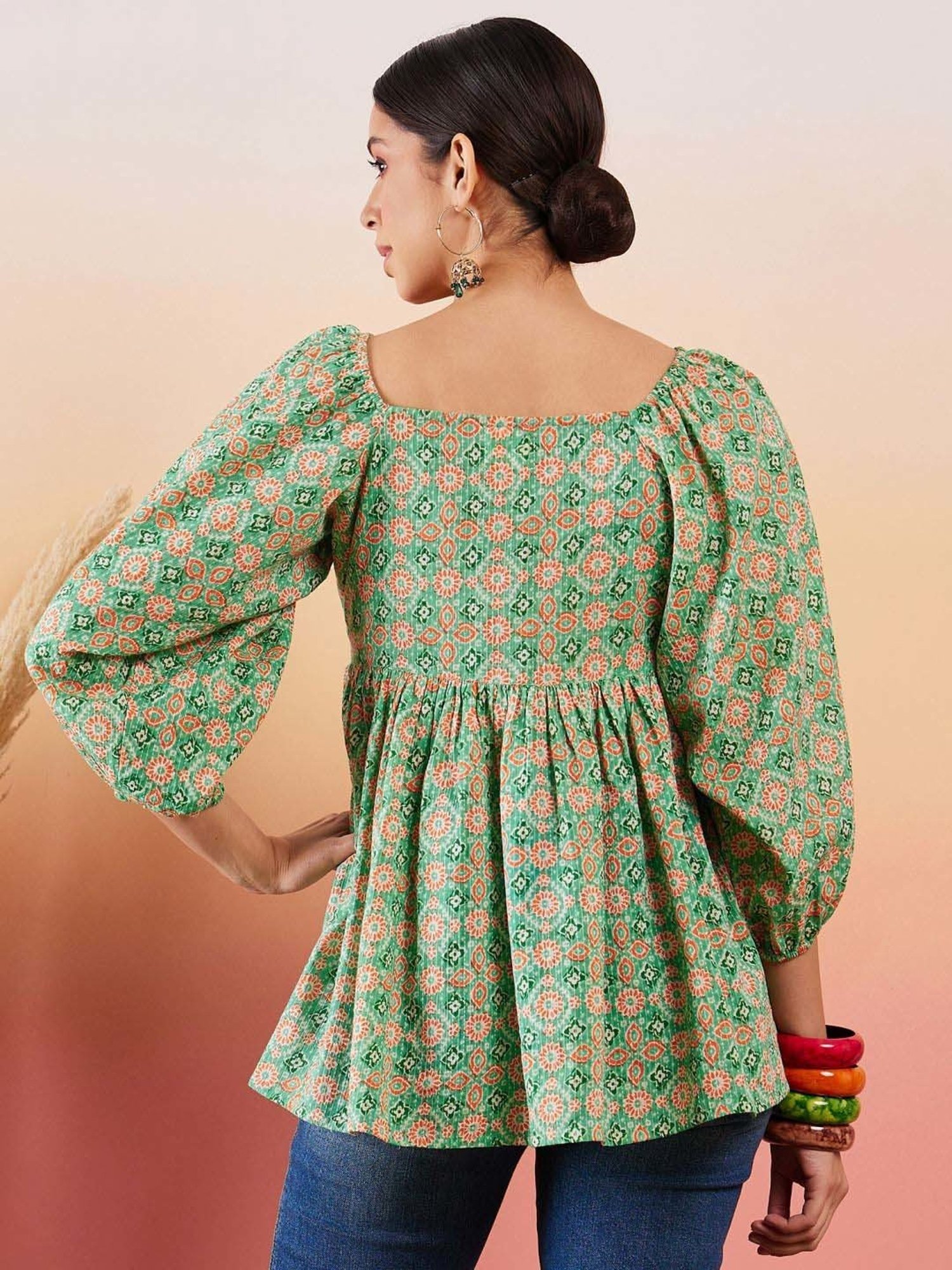 Inweave Green Cotton Printed Top