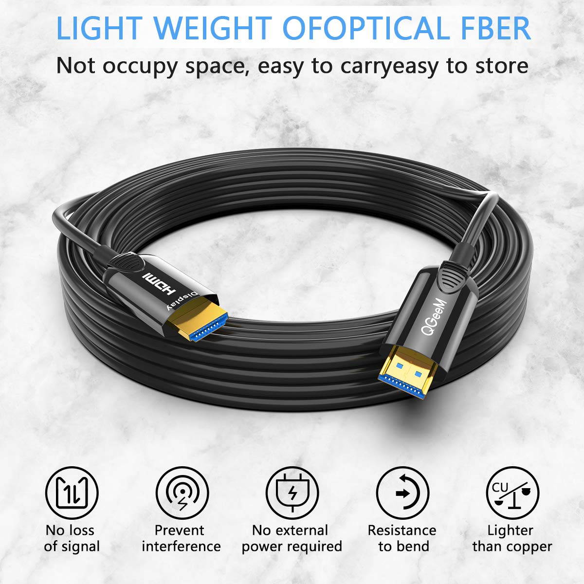 Fiber Optic HDMI Cable 50ft,QGeeM 4K 60Hz HDMI Cable High Speed 18Gbps HDMI 2.0 Black Cable,Zinc Alloy Case 15M, HDMI AOC Cable (16ft)