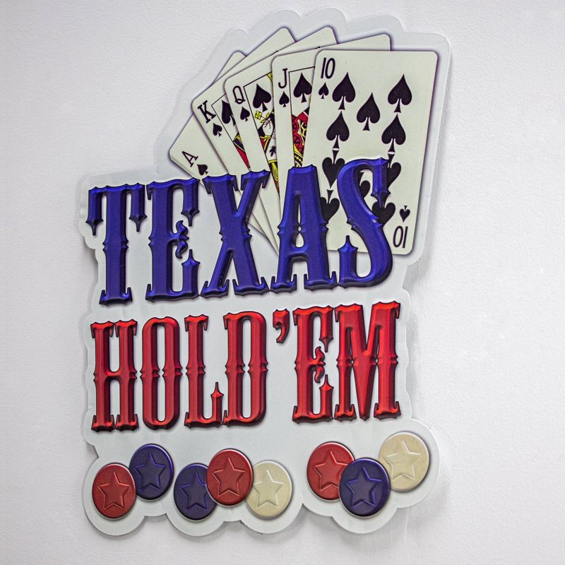 Texas Hold 'Em Embossed Metal Sign White/Red/Dark Blue - Crystal Art Gallery