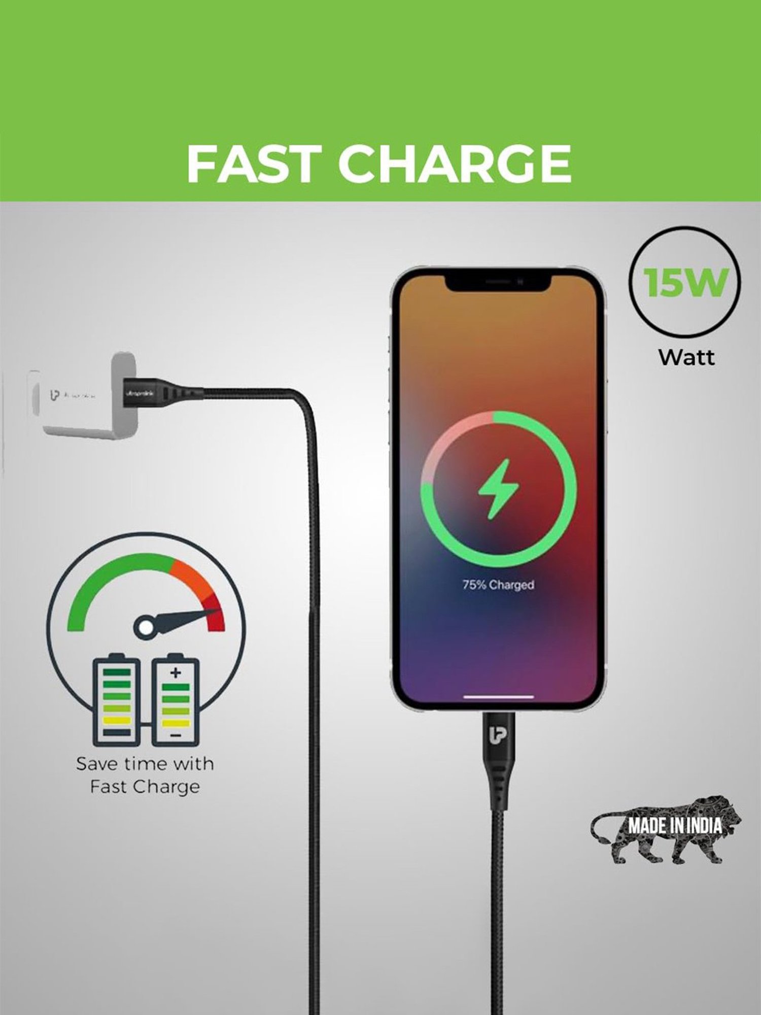 UltraProlink UL1068BLK-0200, 3A-15W USB-A to iPhone, iPad & Airpods Fast Charging Cable (Black)