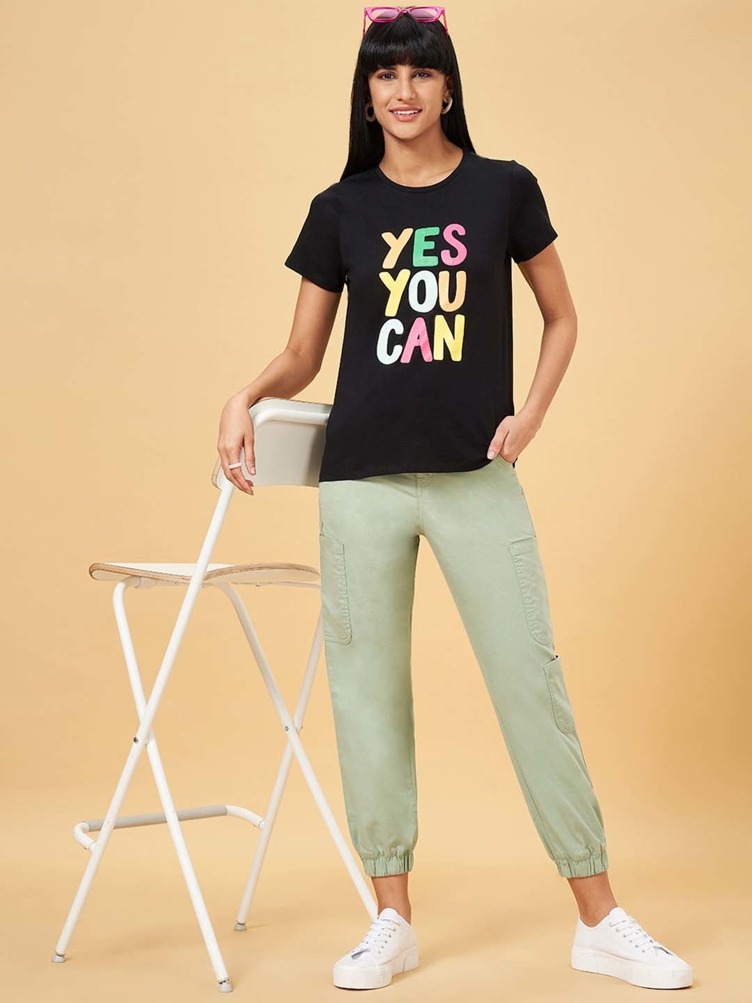 People by Pantaloons Jet Black Cotton Printed T-Shirt