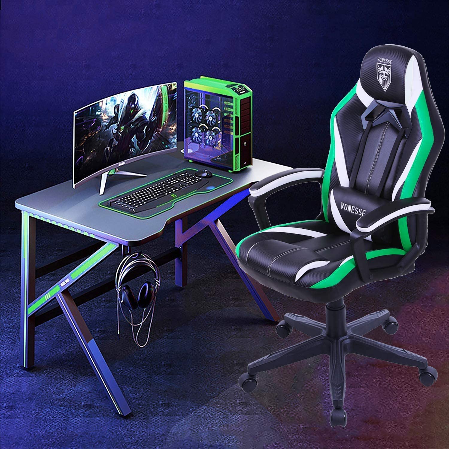 Vonesse Green Gaming Chair, Gaming Desk Chair for Teens, Computer Chair with Massage, High Back Home Office Desk Chairs, Big and Tall Gamer Chair, Computer Desk Chair, Game Chair for Kids (Green)