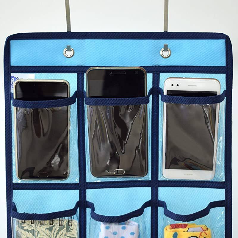 Hanging Closet Underwear Sock Jewelry Storage Over The Door Classroom Cell Phone Calculator Organizer 12 Clear Pockets (Blue)