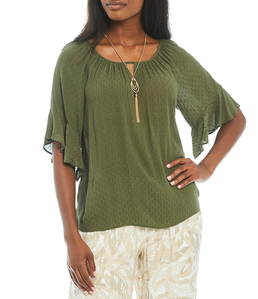 I.N. Studio Petite Size Keyhole Neck 3/4 Raglan Bell Sleeve Necklace Top