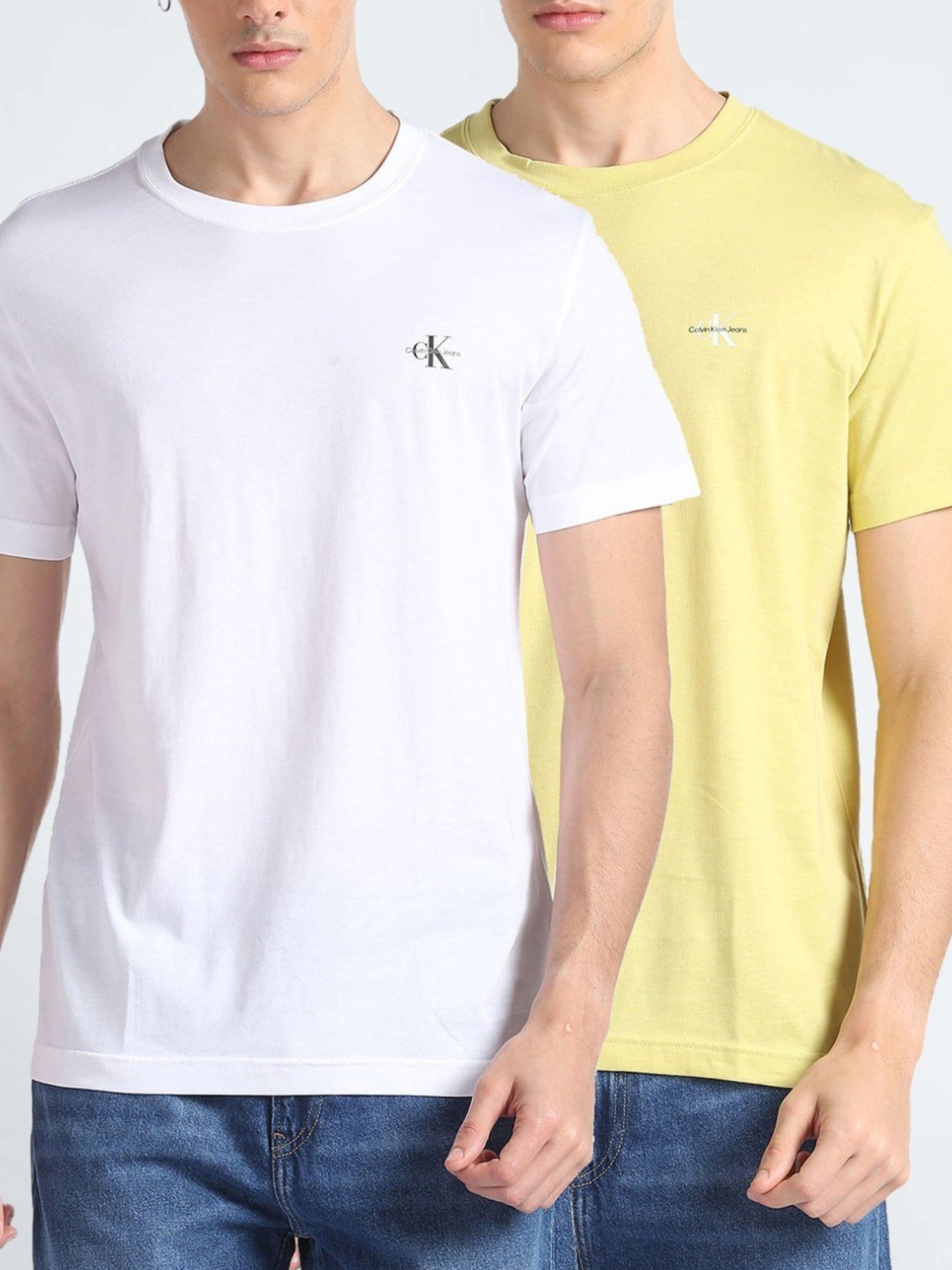 Calvin Klein Jeans Yellow & White Cotton Regular Fit T-Shirt
