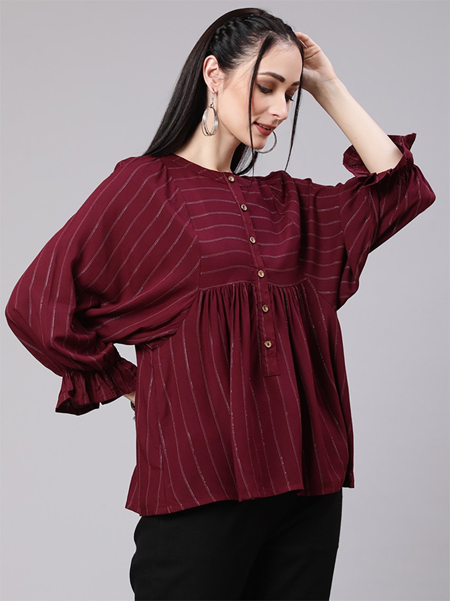 Jaipur Kurti Maroon & Black Striped Top Pant Set