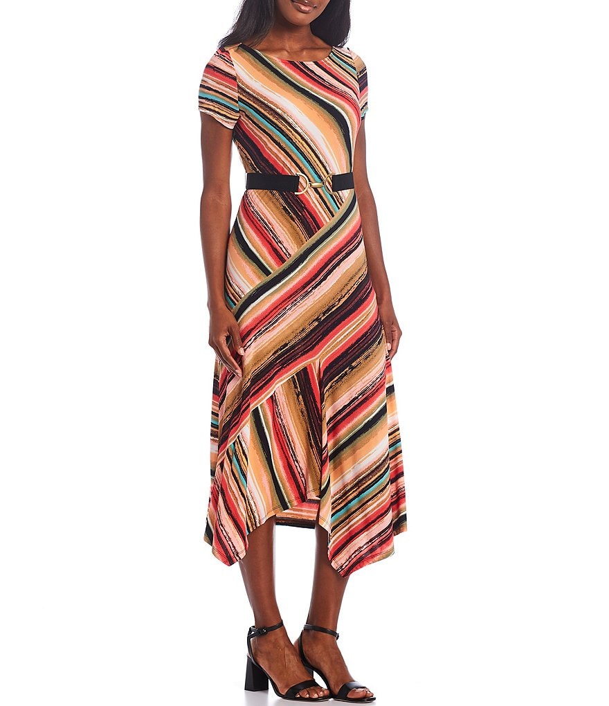 Maison Tara Printed Round Neck Short Sleeve Asymmetrical Hem Belted A-Line Midi Dress