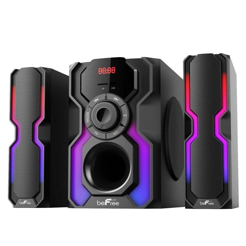 BeFree Sound BFS-A102 2.1 Channel Bluetooth Multimedia Wired Speaker Shelf Stereo System with Reactive LED Lights, FM Radio, USB & SD Inputs, 6 ohm - Black & Silver