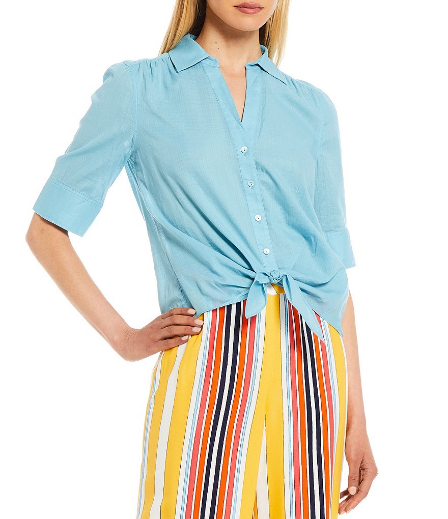 Trina Turk Makana Solid Cotton Short Sleeve Button Down Tie-Front Top