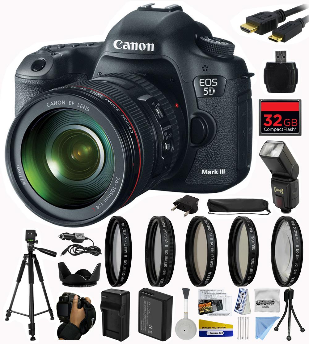 Canon EOS 5D Mark III 22.3 MP Full Frame CMOS Digital SLR Camera with EF 24-105mm f/4 L IS USM Lens with 32GB Memory + Battery + Charger + UV-CPL-FL-ND4-10x Macro + HDMI 5260B009