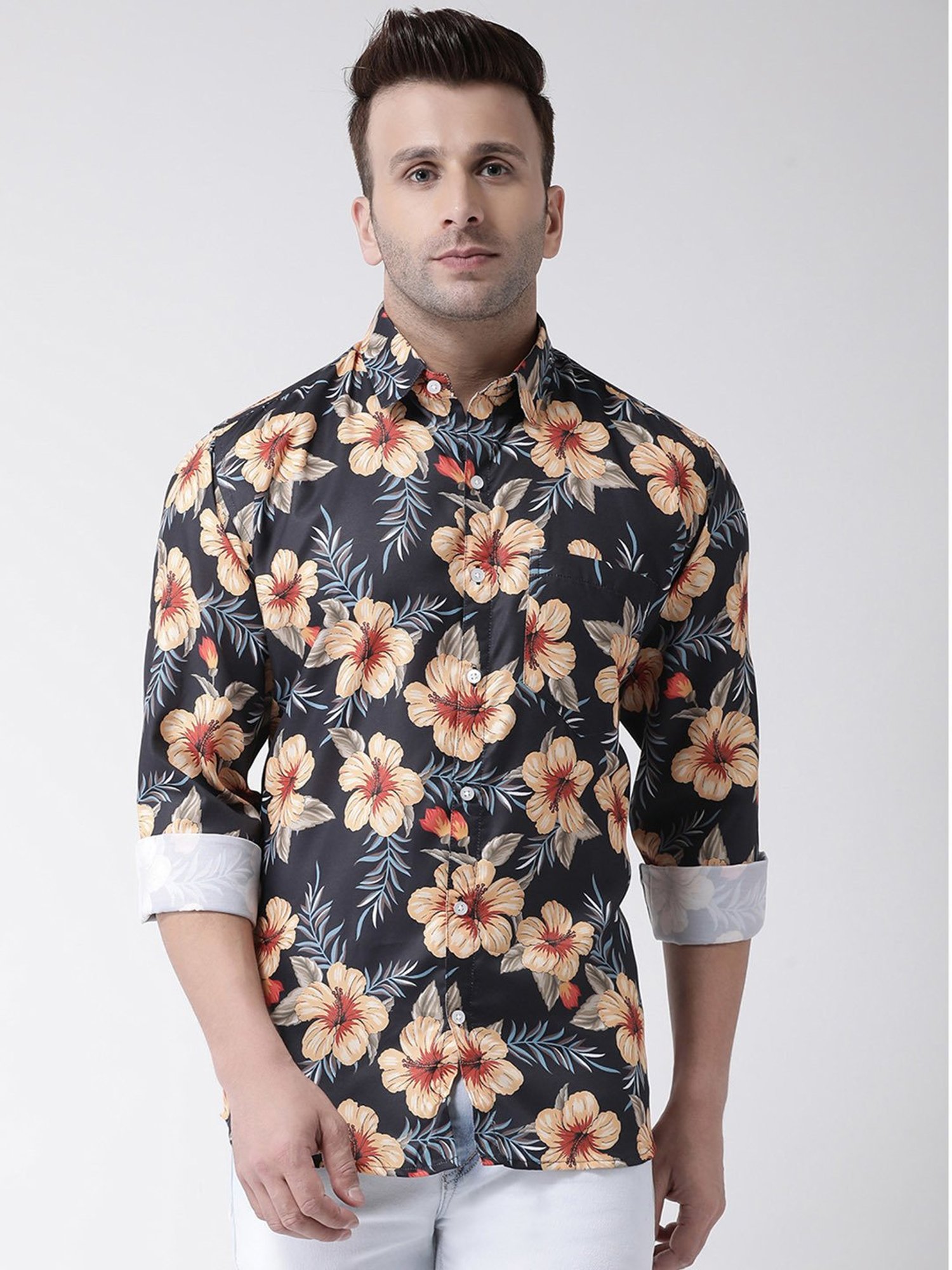 Hangup Plus Black Slim Fit Floral Print Shirt