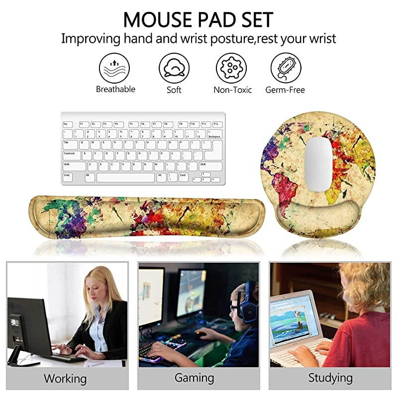 Keyboard Wrist Rest and Ergonomic Mouse Pad Wrist Support Set with Non-Slip Backing Memory Form-Filled, Easy-Typing and Pain Relief for Gaming Office Computer Laptop (Vintage Map)