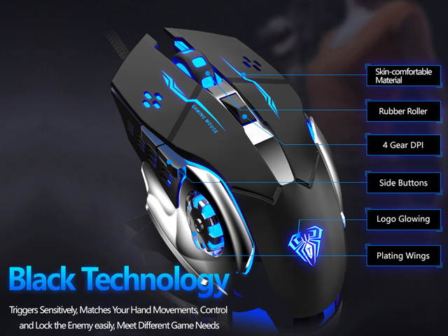 AULA S20 Gaming Mouse Marco Programmable Cool Lighting USB Optical Mouse Gaming for PC Laptop Computer