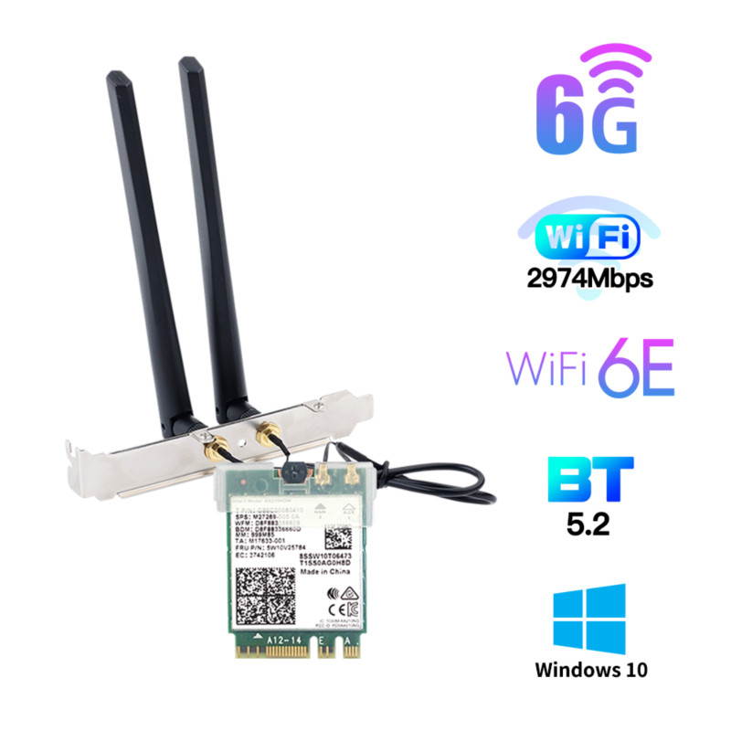 FV-AXE210NG Wi-Fi 6E Desktop Kit Wireless Adapter Bluetooth 5.2 + 3000Mbps 2.4Ghz 5Ghz 6Ghz M.2 2230 Key E With Intel AX210 AX210NGW 802.11ax/ac Support MU-MIMO OFDMA Windows 10 With 6Dbi Antenna Set