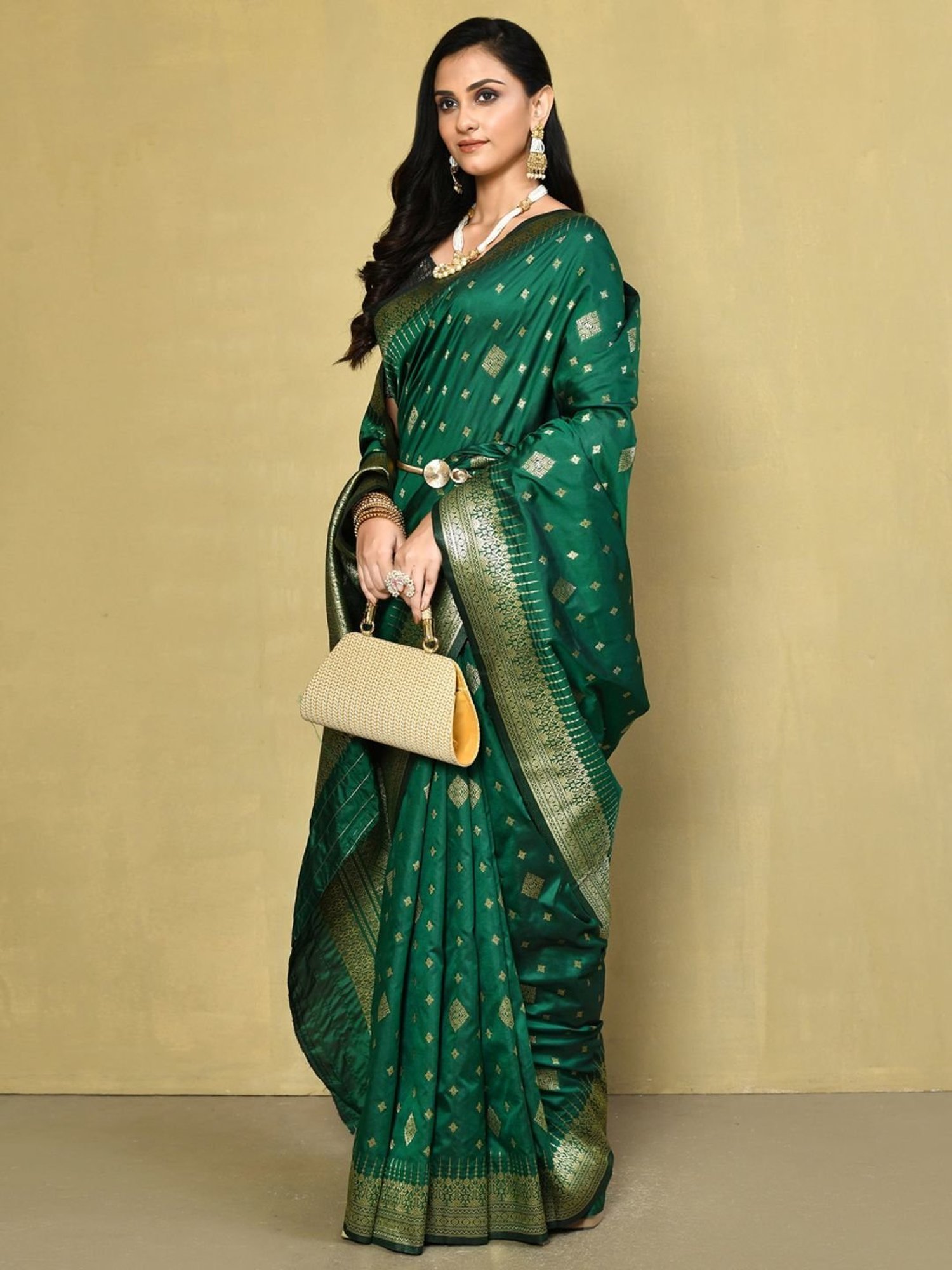 Elora Green Silk Woven Saree With Unstitched Blouse