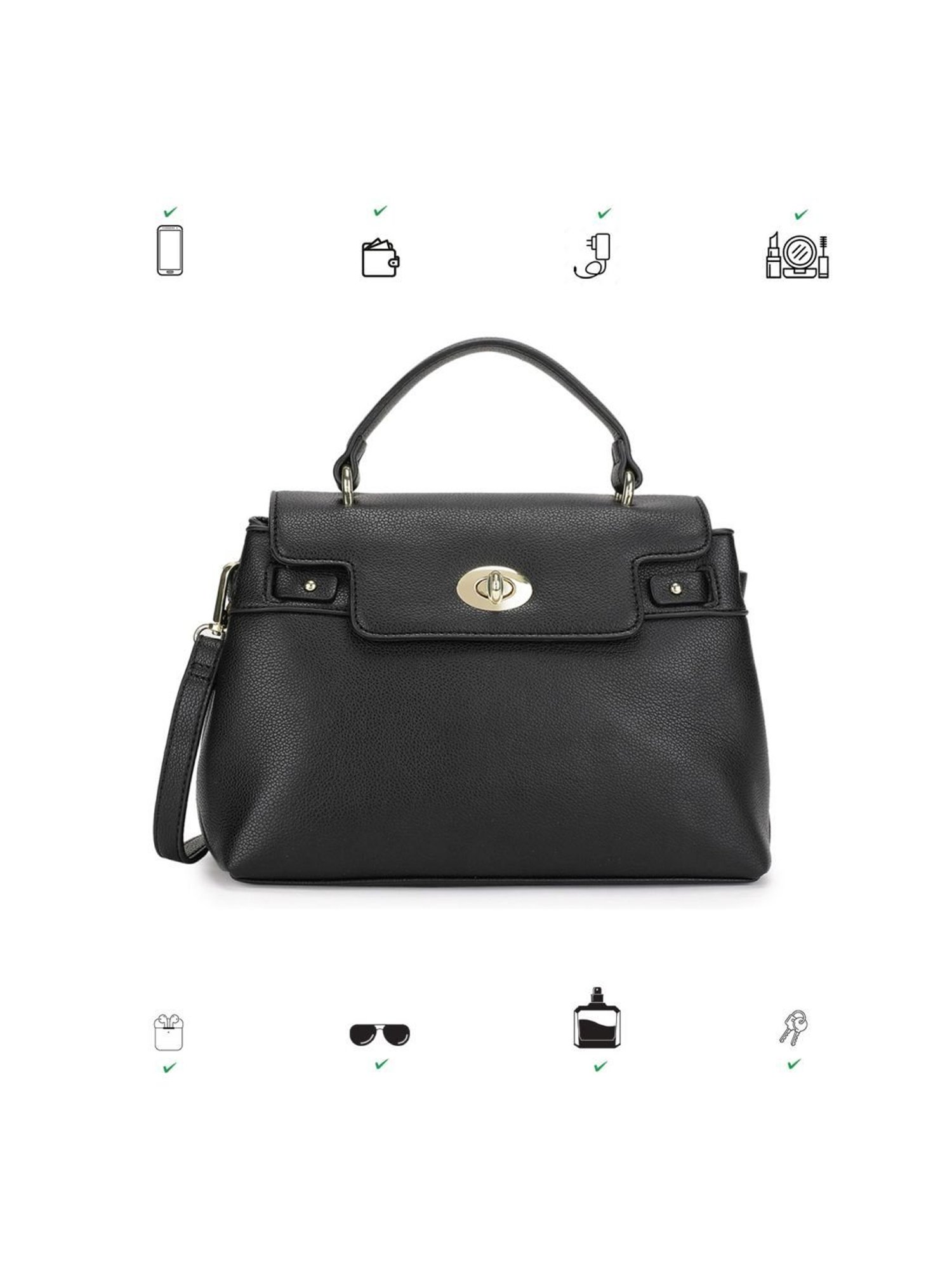 Tyra Lillian Black Solid Faux Leather Satchel Handbag
