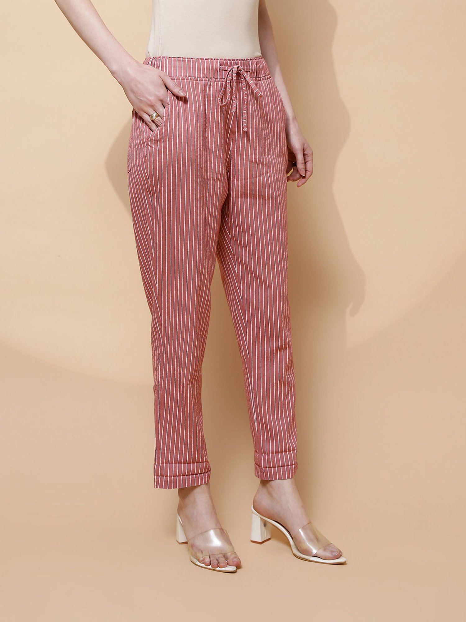Global Republic Onion Pink Striped Regular Fit High Rise Pants