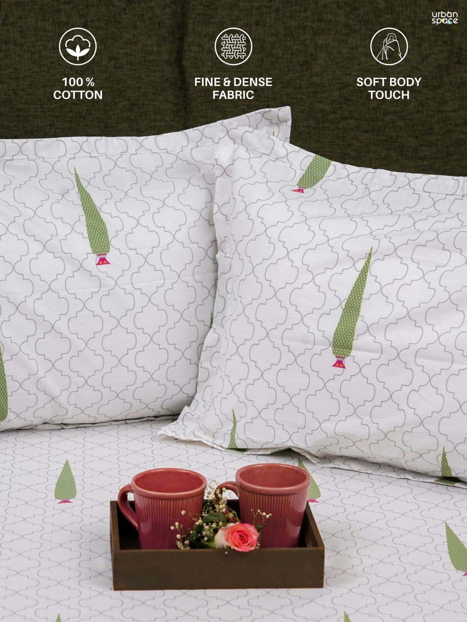 Urban Space White & Green Cotton 200 TC Pinewood Single Bedsheet with 1 Pillow Cover