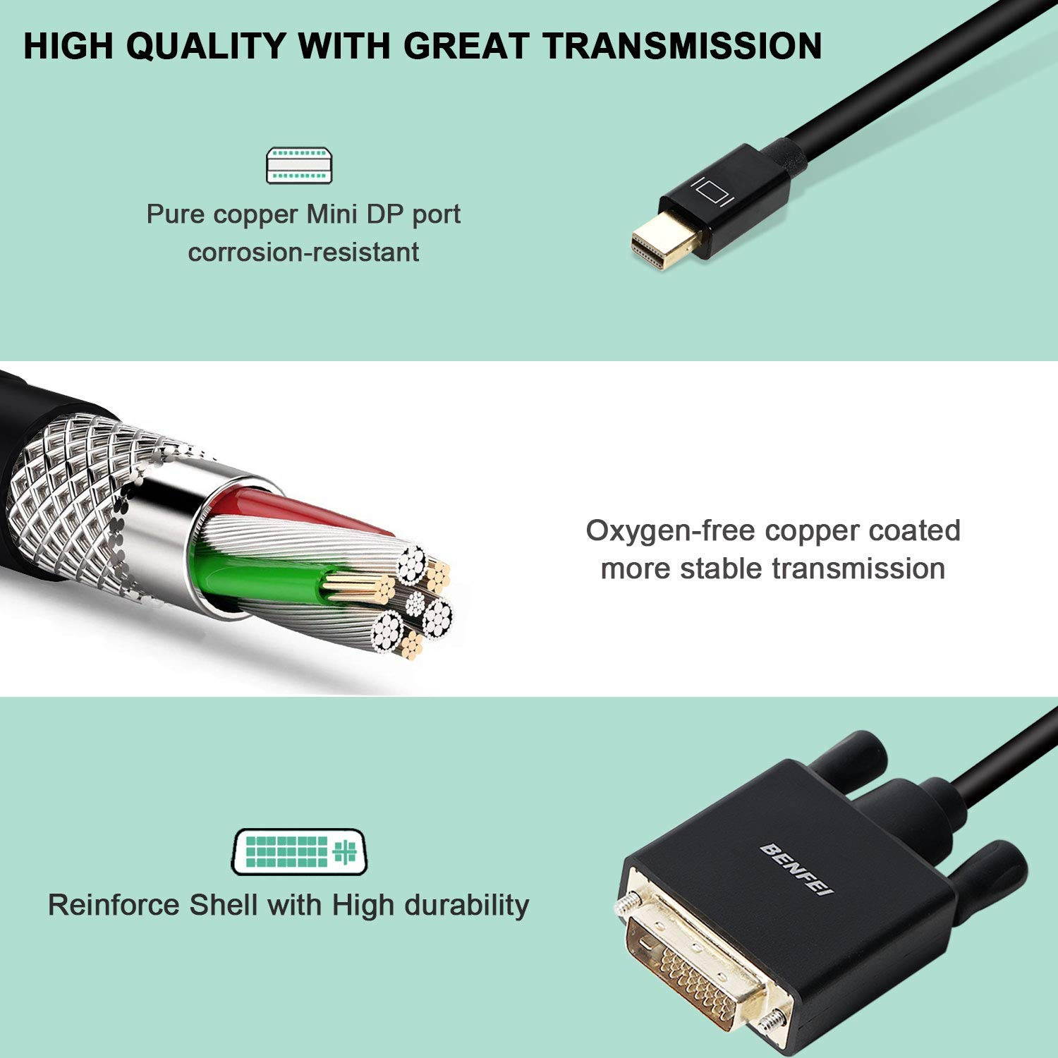 BENFEI Mini DisplayPort to DVI Cable, Mini DisplayPort to DVI 6 Feet Cable (Thunderbolt 2 Compatible) with MacBook Air/Pro, Surface Pro/Dock, Monitor, Projector