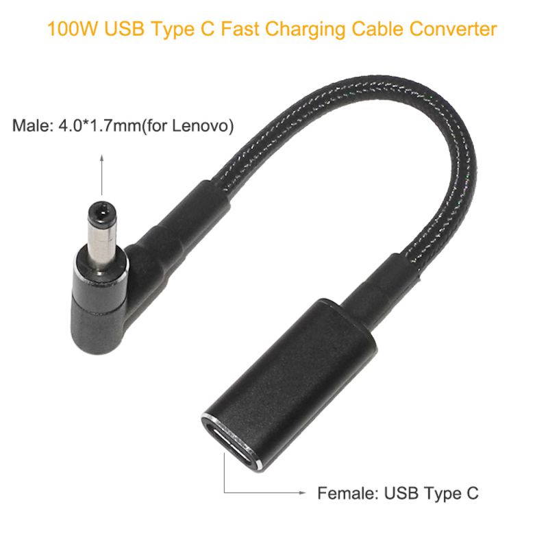 100W USB C Type-C Female to 4.0x1.7mm DC Tip PD Power Cable for Lenovo ideapad Laptops