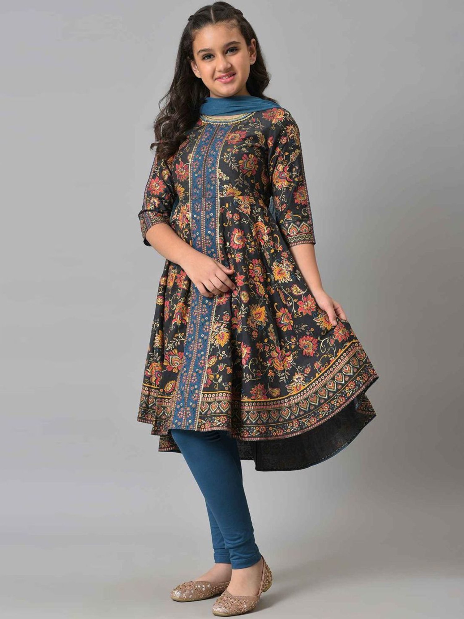 Aurelia Kids Black & Blue Floral Print Kurta Set