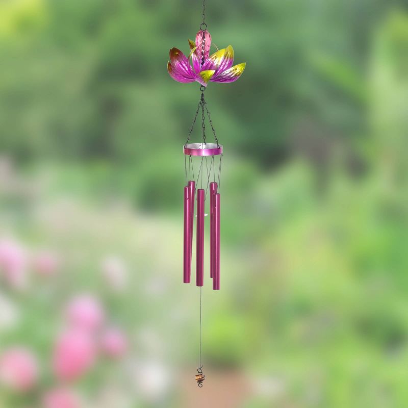 38.98" Metal Spinning Lotus Wind Chime Pink - Exhart