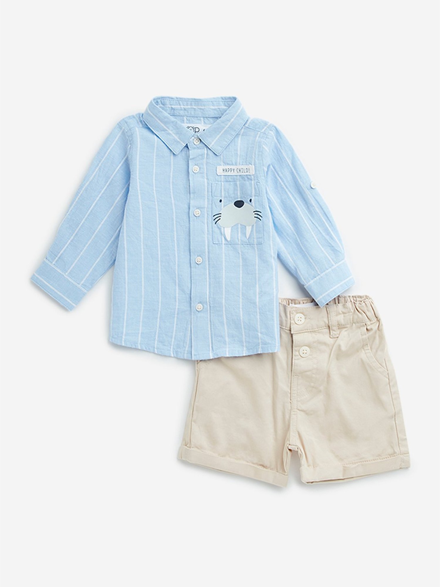 HOP Baby by Westside Blue Striped Cotton Blend Shirt with Shorts Set