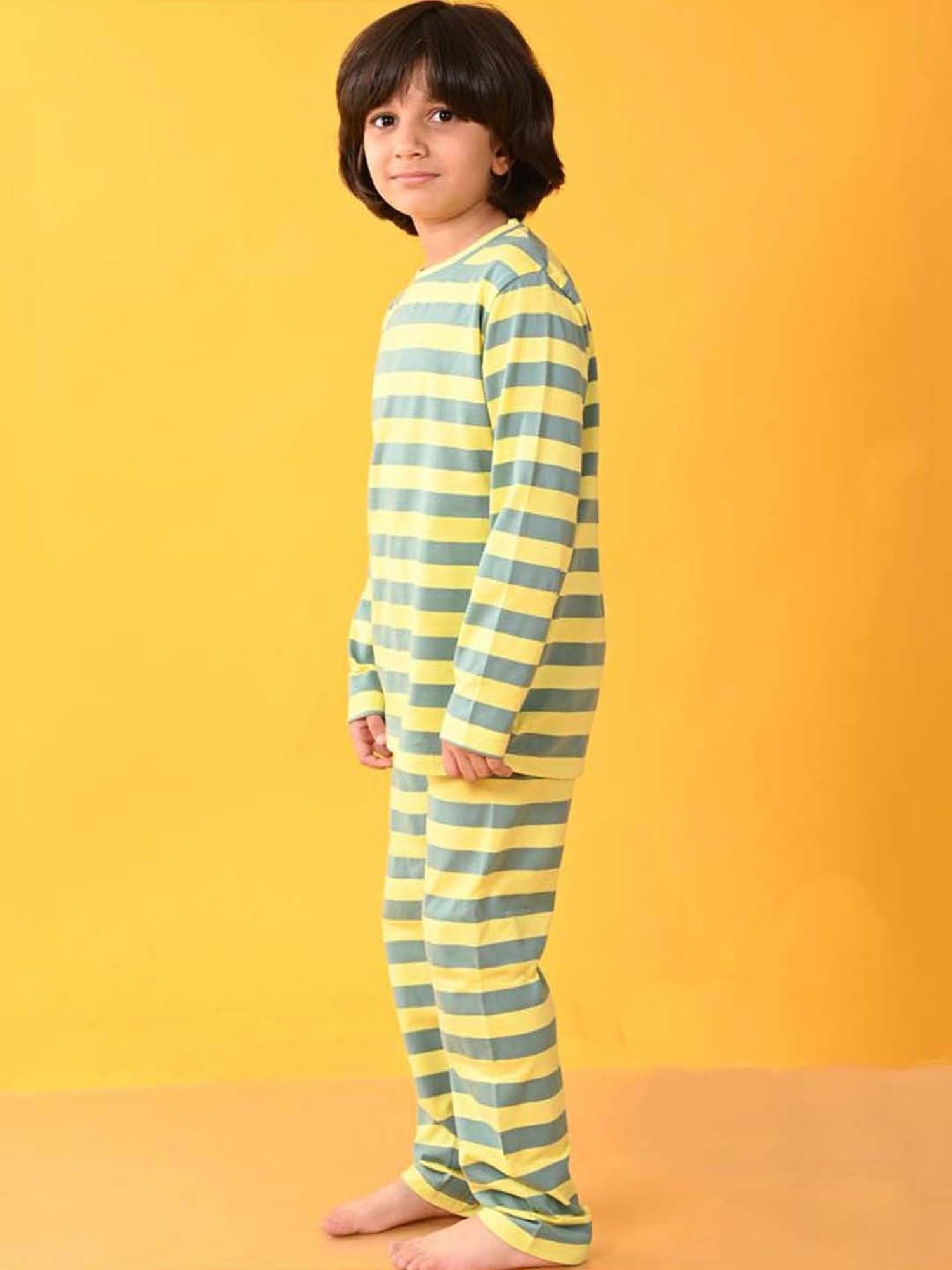 Anthrilo Kids Green Cotton Striped Full Sleeves T-Shirt & Trouser